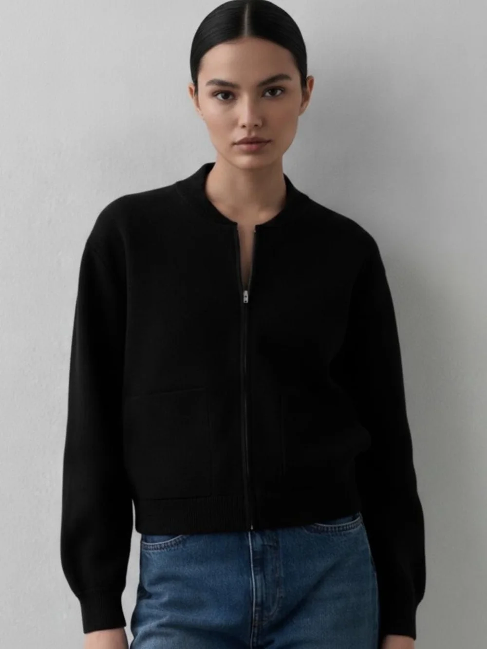 White + Warren Black Zip-Front Bomber Jacket